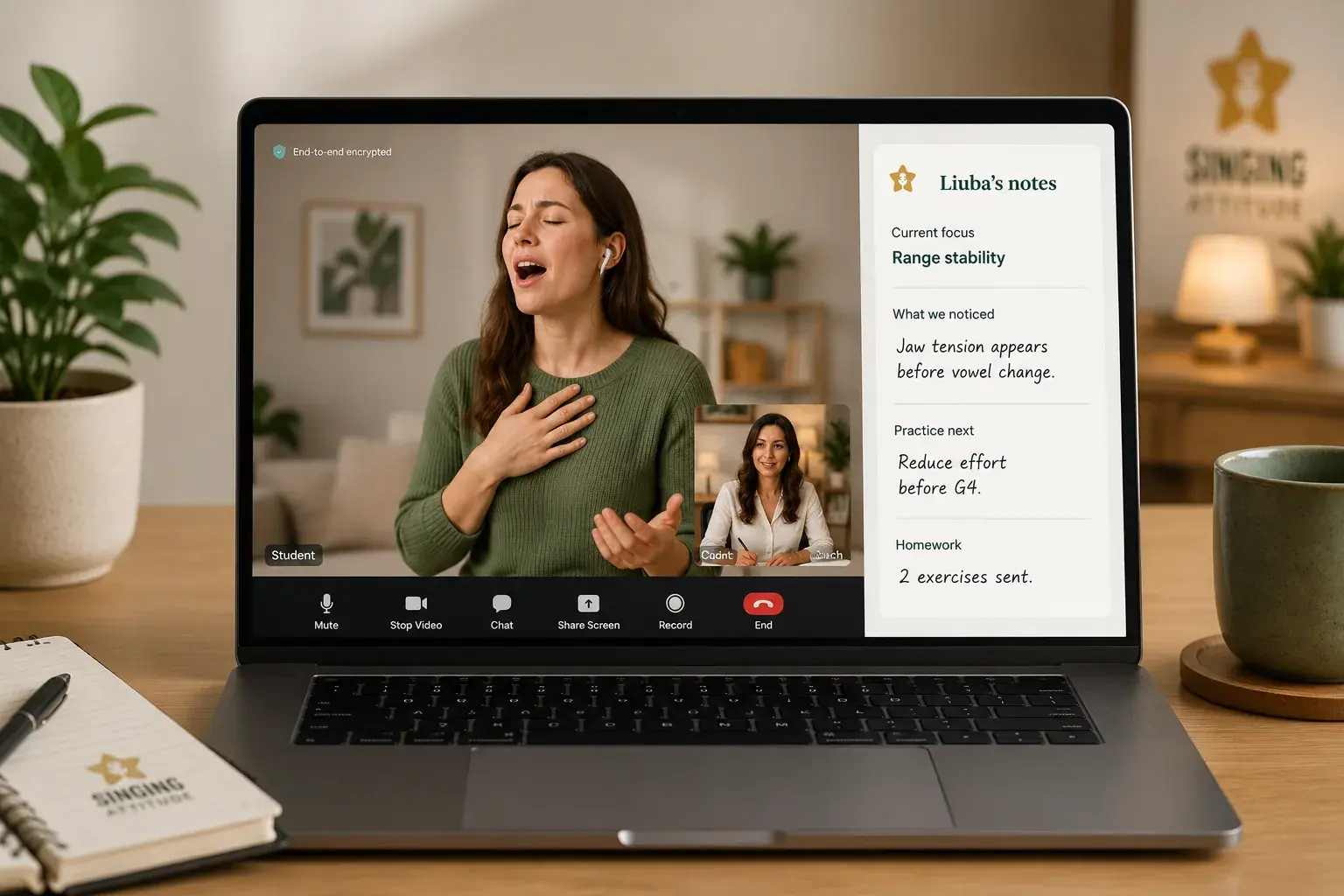 Example online singing lesson screen with Liuba's notes and an adult student singing