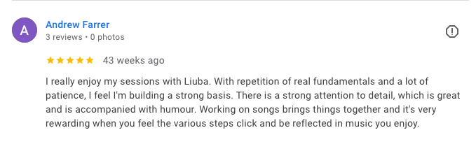 Public Google review screenshot from Andrew Farrer about Singing Attitude