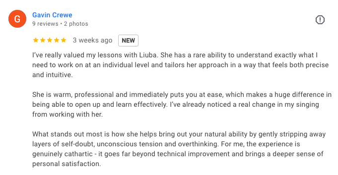 Google review screenshot from a Singing Attitude student