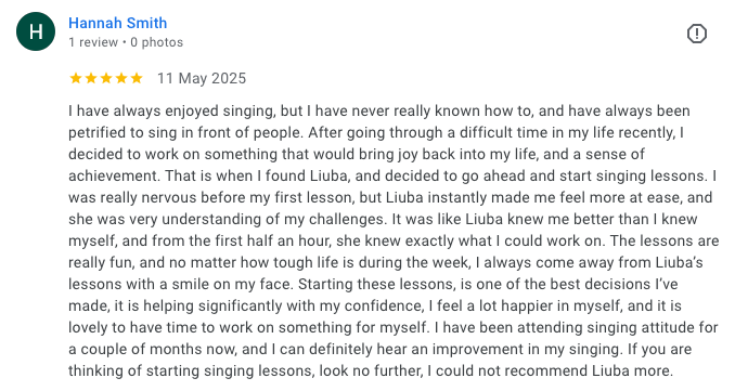 Public Google review screenshot about Singing Attitude lessons