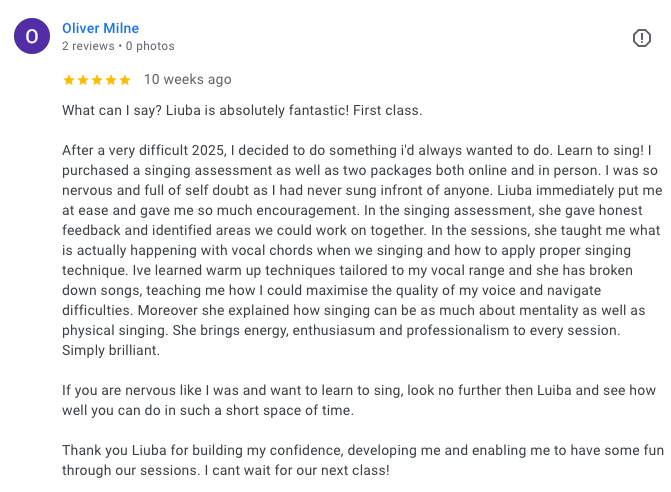 Public Google review describing a Singing Attitude student experience