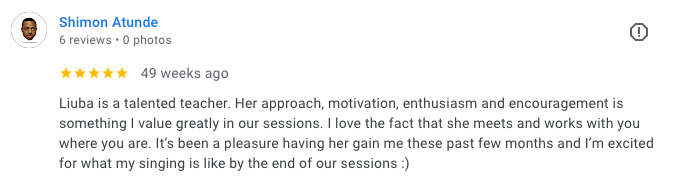Shimon Atunde Google review screenshot for Singing Attitude