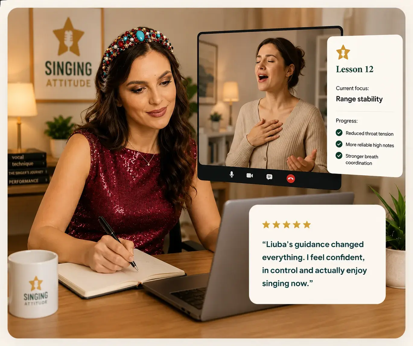 Liuba coaching an online singing lesson